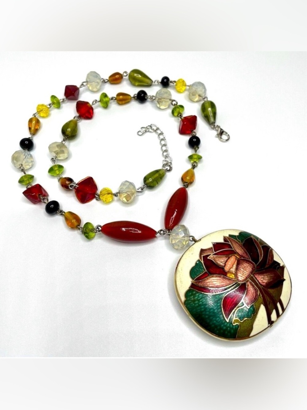 Artisan Handcrafted Floral Enamel Cloisonne Pendant Glass Beaded Necklace